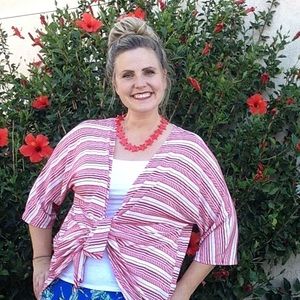 LuLaRoe Lindsay Kimono white with red stripes Open Front Cardigan Jersey knit M